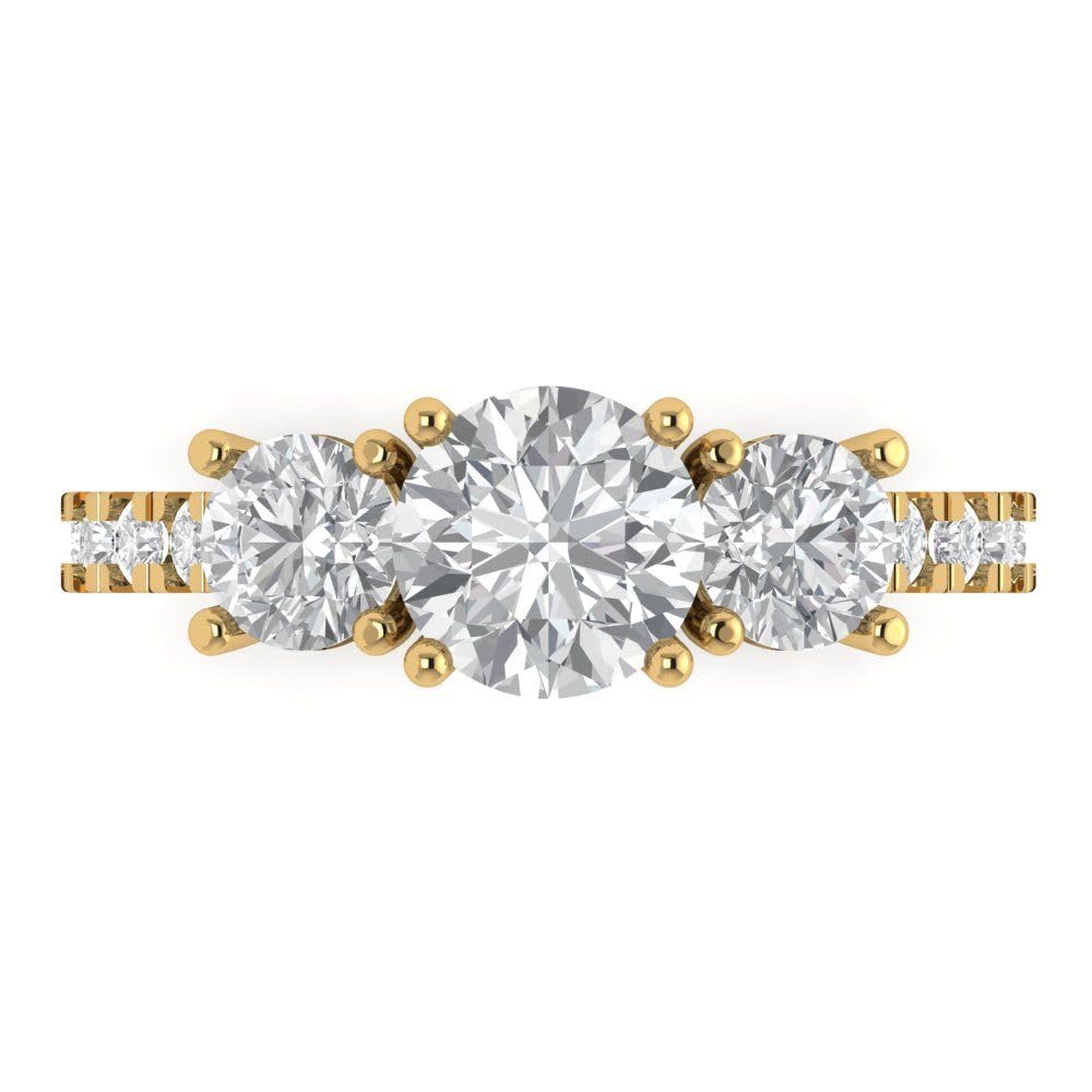 2.02 Ct Round Cut Clear Simulated Diamond 14K Yellow Gold Solitaire with Accents 3 Stone Engagement Promise Ring Size 4.75