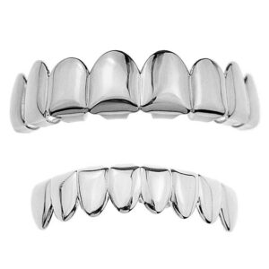 best grillz 8/8 set eight tooth silver tone top 8 bottom plain hip hop teeth grills