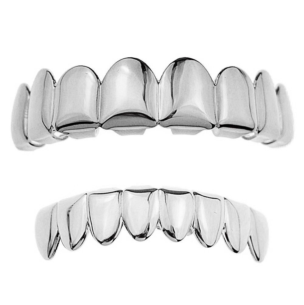 Best Grillz 8/8 Set Eight Tooth Silver Tone Top 8 Bottom Plain Hip Hop Teeth Grills