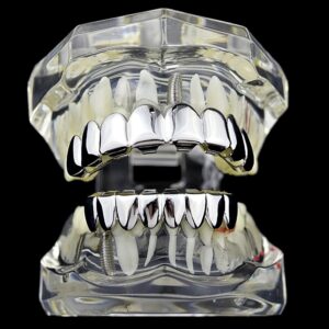 Best Grillz 8/8 Set Eight Tooth Silver Tone Top 8 Bottom Plain Hip Hop Teeth Grills