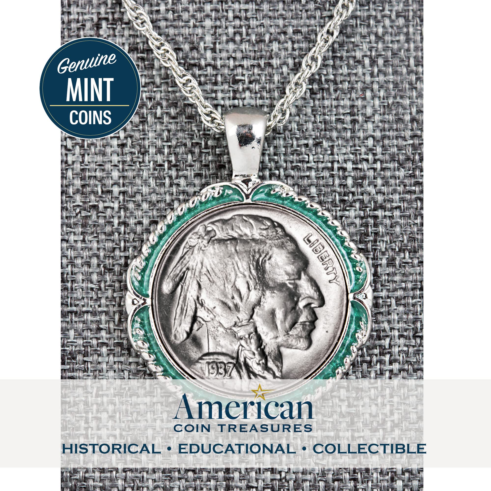 American Coin Treasures Buffalo Nickel Coin Pendant Necklace with Green Enamel | Silvertone 24" Rope Chain for Men & Women | Lobster Claw Clasp | Jewelry for Collectors | Elegant Gift Box