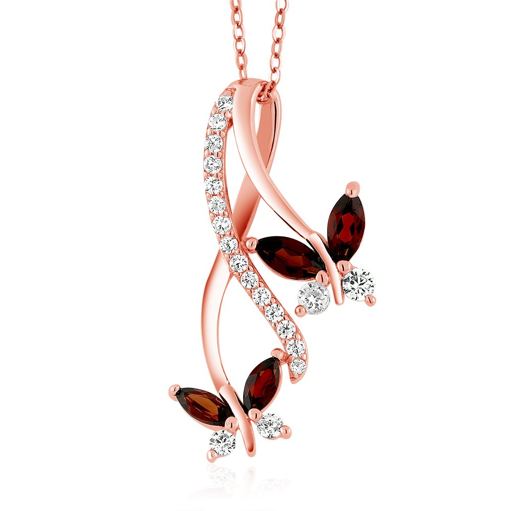 Gem Stone King 18K Rose Gold Plated Silver Red Garnet Butterfly Pendant Necklace For Women (1.21 Cttw, Marquise Cut Gemstone Birthstone, with 18 Inch Chain)