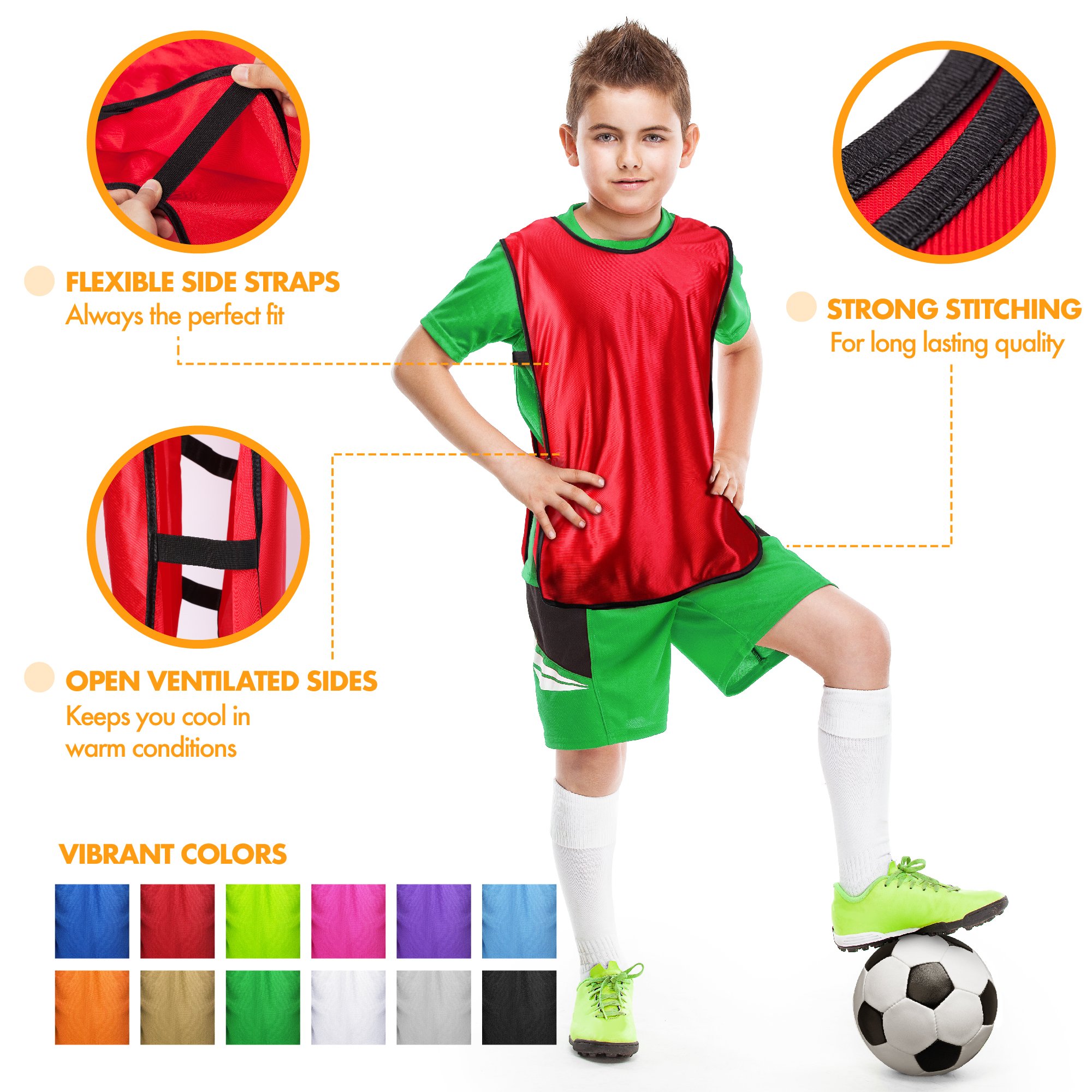 SportsRepublik Pinnies Scrimmage Vests for Kids, Youth and Adults (12-Pack) - Soccer Pennies