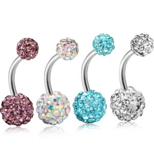 orazio 14g 316l stainless steel belly button ring,4pcs belly button rings internally threaded round nipple barbell studs navel ring,multicolor round cz belly rings for women body piercing jewelry