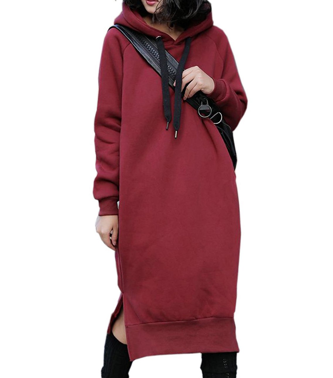 NUTEXROL Womens Thickening Long Fleece Sweatshirt String Hoodie Dress Pullover Plus Size, XX-Large, Red