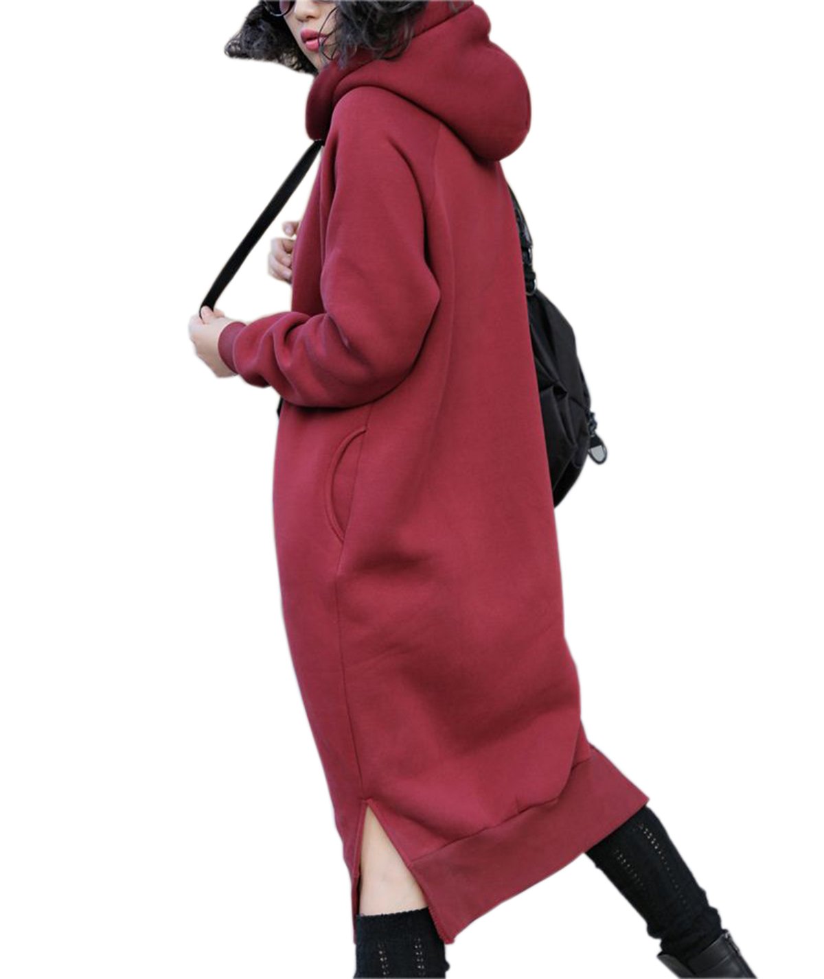 NUTEXROL Womens Thickening Long Fleece Sweatshirt String Hoodie Dress Pullover Plus Size, XX-Large, Red