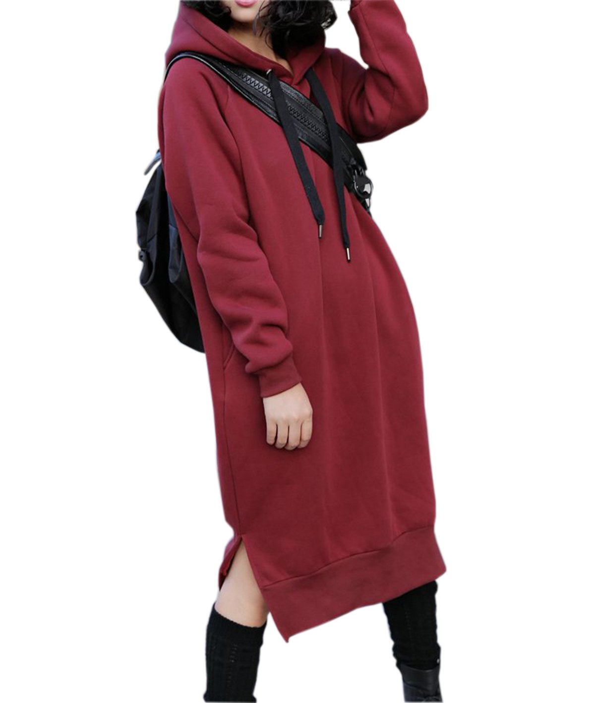 NUTEXROL Womens Thickening Long Fleece Sweatshirt String Hoodie Dress Pullover Plus Size, XX-Large, Red