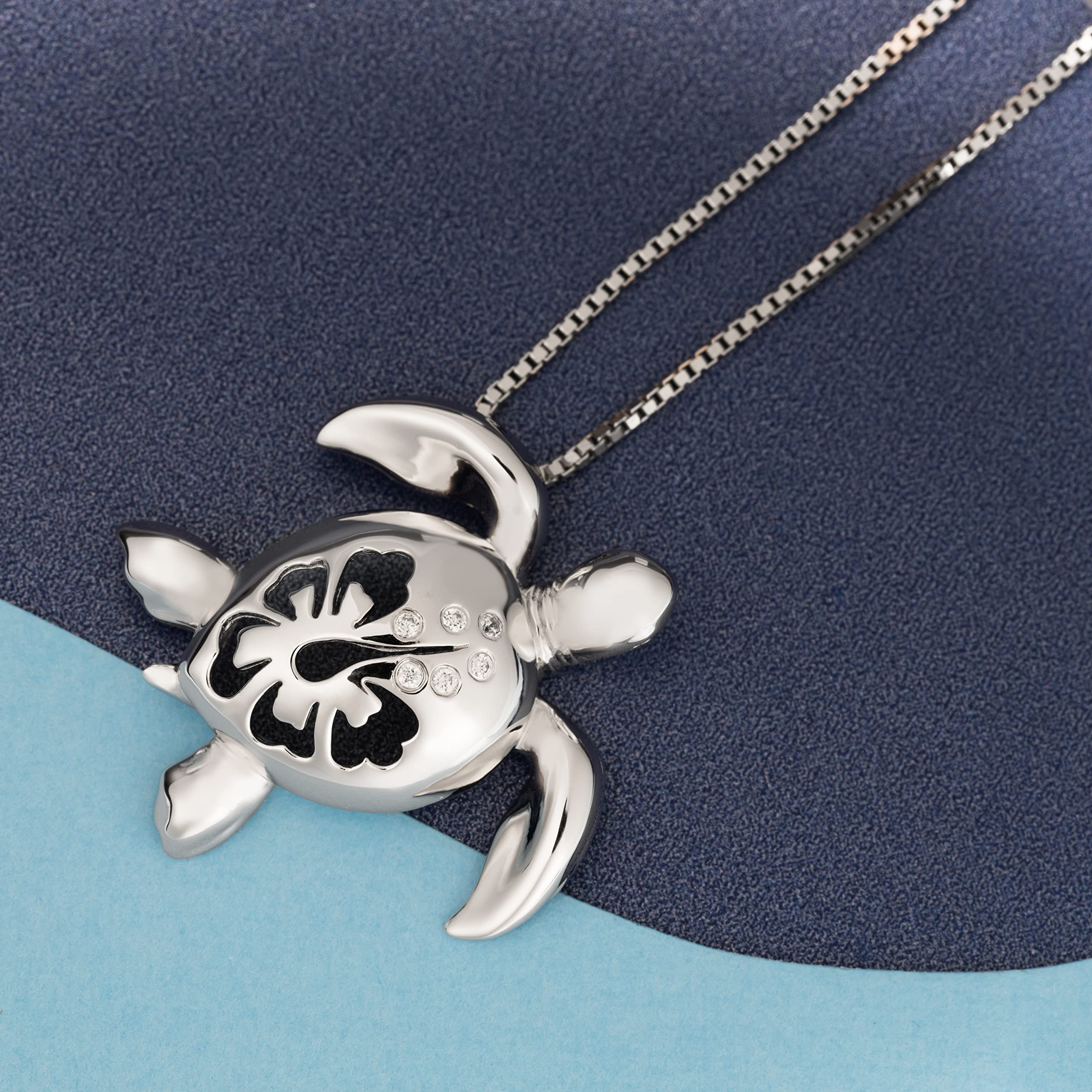 Aloha Jewelry Company Sterling Silver Turtle with Hibiscus & Cubic Zirconia Pendant (S) with 18" Box Chain