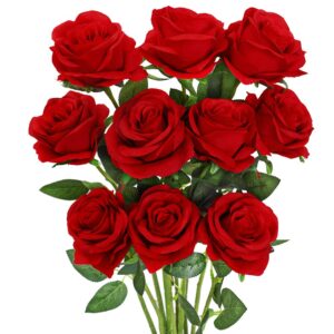 luyue 10pcs artificial roses flower silk rose with stem realistic artificial long stem red rose valentine's day fake roses bouquet for wedding home decoration