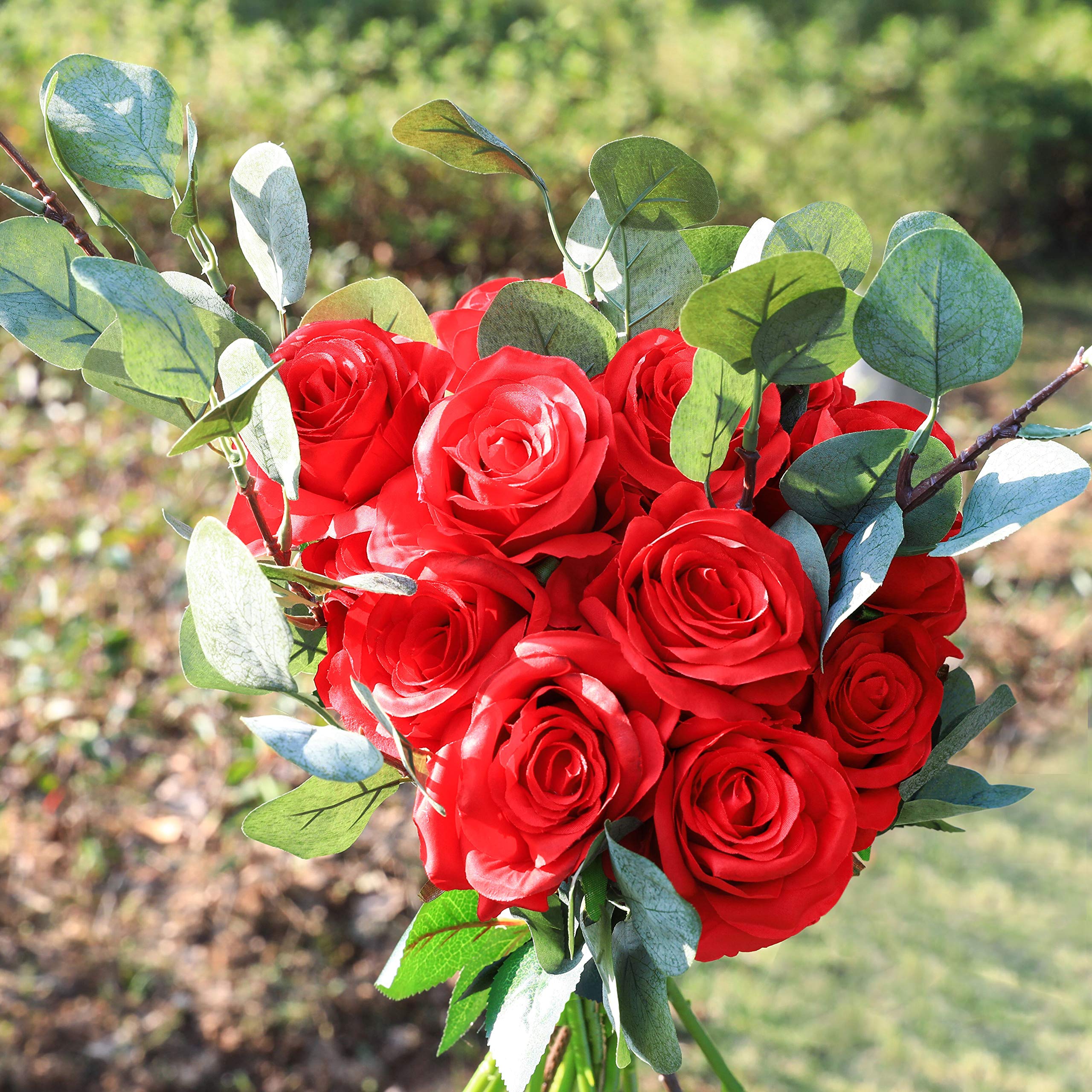 Luyue 10PCS Artificial Roses Flower Silk Rose with Stem Realistic Artificial Long Stem Red Rose Valentine's Day Fake Roses Bouquet for Wedding Home Decoration