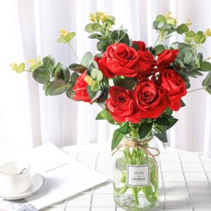 Luyue 10PCS Artificial Roses Flower Silk Rose with Stem Realistic Artificial Long Stem Red Rose Valentine's Day Fake Roses Bouquet for Wedding Home Decoration