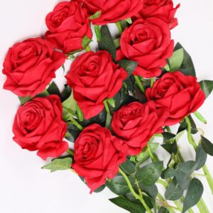 Luyue 10PCS Artificial Roses Flower Silk Rose with Stem Realistic Artificial Long Stem Red Rose Valentine's Day Fake Roses Bouquet for Wedding Home Decoration