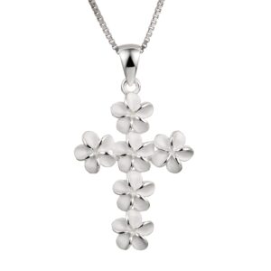 925 sterling silver plumeria flower cross pendant with 18" box chain, gold plated, nickle free hypoallergenic for sensitive skin, hawaiian jewelry for women, gift box included (silver)