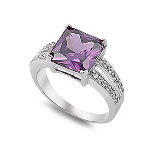 Blue Apple Co. Split Shank Engagement Ring Princess Cut Simulated Purple Amethyst Round CZ 925 Sterling Silver