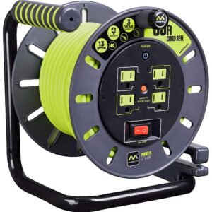 Masterplug 60ft Cord Reel, Extension Lead with Winding Handle, Safety Overload Circuit Breaker and Power Switch, Four Outlets, 14AWG