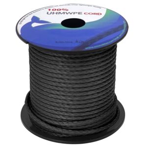 emma kites 100% UHMWPE Braided Cord Heavy Duty Abrasion Resist. Low Stretch Utility Cord for Kites Surfing Whoopie Rigging Spearfishing Kayak Survival Repair, Black 1/8"(Dia.) 2200Lb 50Ft Spool