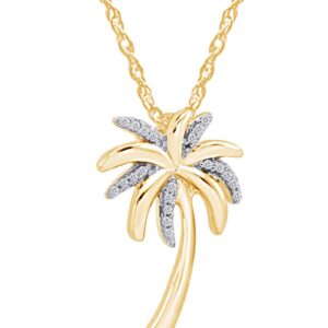 Jewel Zone US Beach Jewelry - 1/20 Carat Round Cut Natural White Diamond Accent Palm Tree Pendant Necklace In 10k Solid Yellow Gold 18 Inch 10k Gold Chain (0.05cttw)