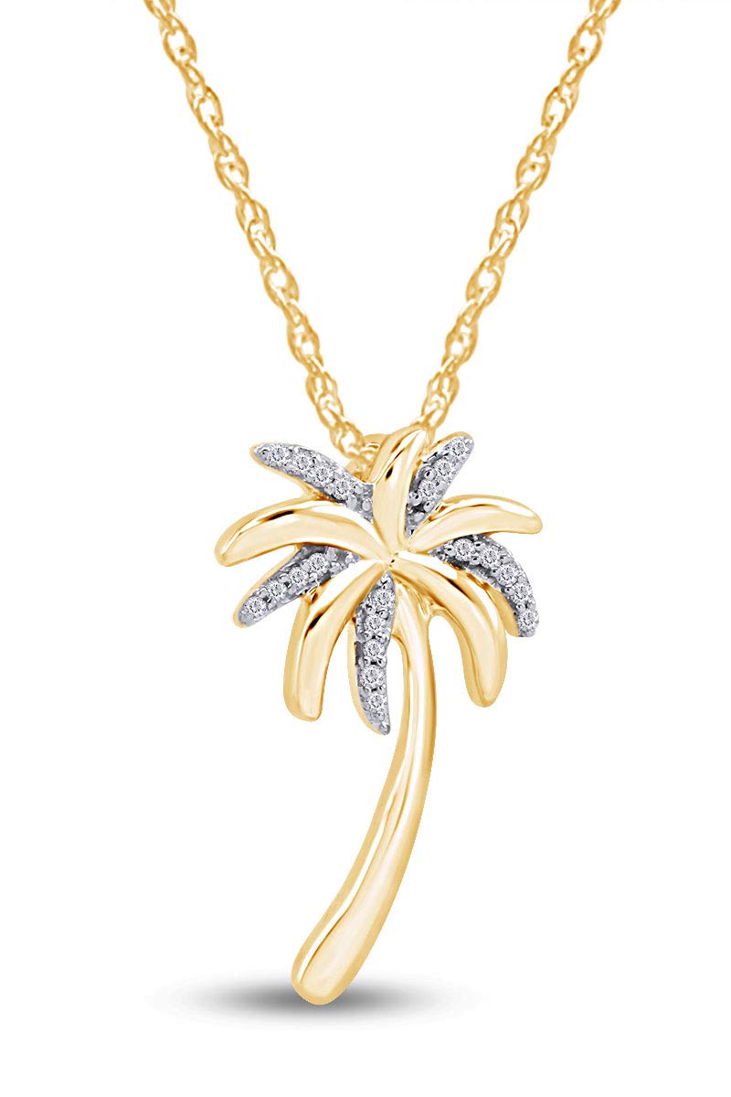 Jewel Zone US Beach Jewelry - 1/20 Carat Round Cut Natural White Diamond Accent Palm Tree Pendant Necklace In 10k Solid Yellow Gold 18 Inch 10k Gold Chain (0.05cttw)