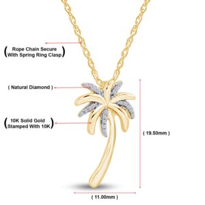 Jewel Zone US Beach Jewelry - 1/20 Carat Round Cut Natural White Diamond Accent Palm Tree Pendant Necklace In 10k Solid Yellow Gold 18 Inch 10k Gold Chain (0.05cttw)