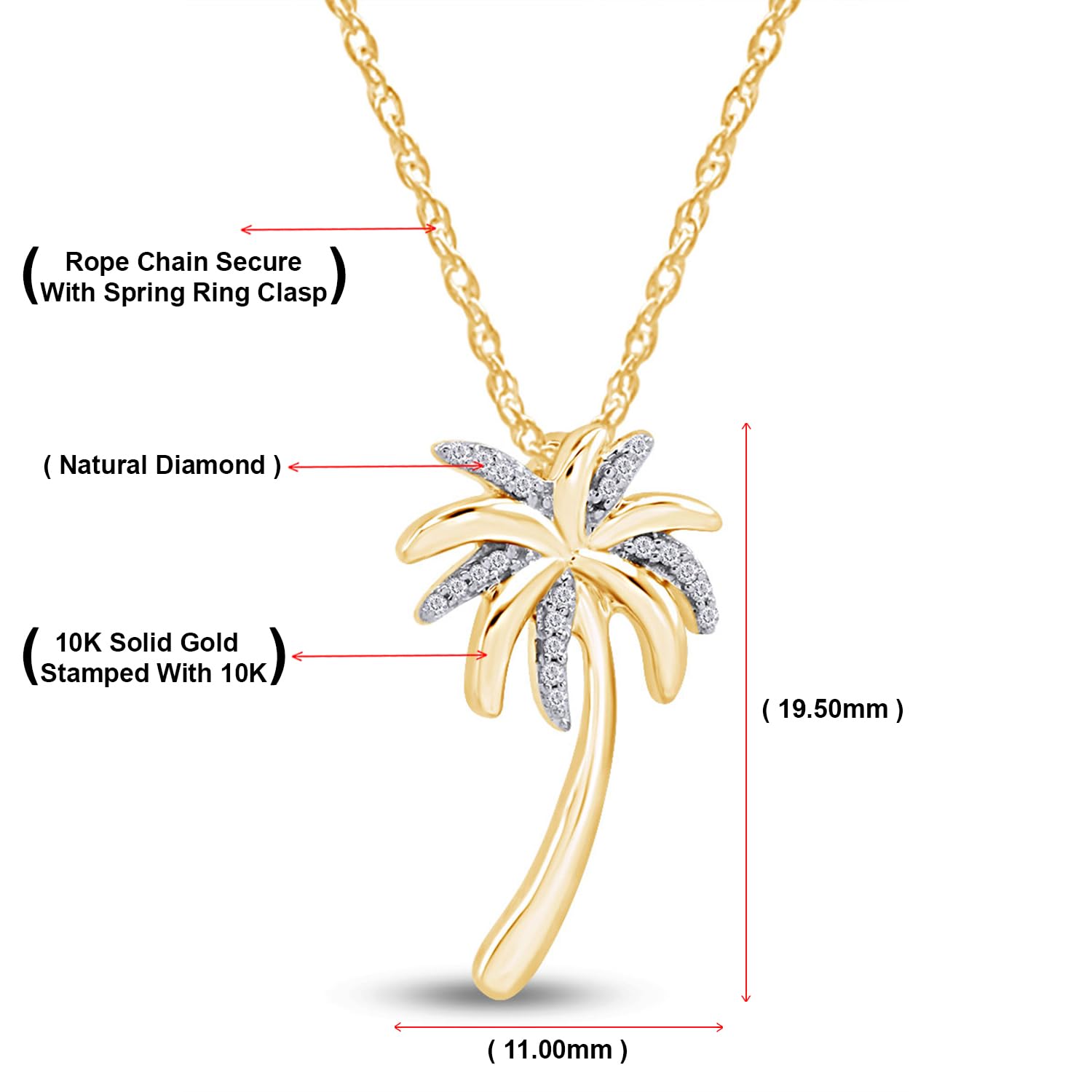 Jewel Zone US Beach Jewelry - 1/20 Carat Round Cut Natural White Diamond Accent Palm Tree Pendant Necklace In 10k Solid Yellow Gold 18 Inch 10k Gold Chain (0.05cttw)