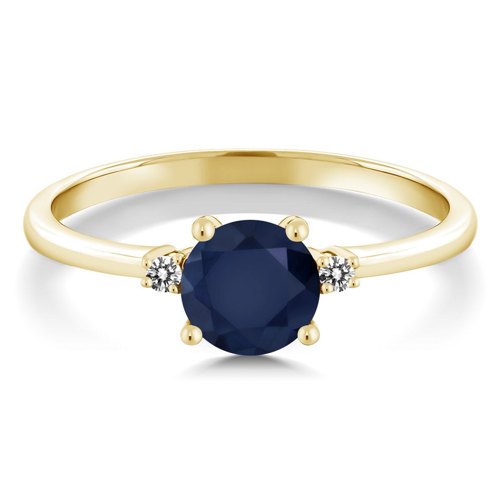 Gem Stone King 10K Yellow Gold Blue Sapphire and White Diamond Solitaire Engagement Ring For Women (1.03 Cttw, Round 6MM, Gemstone September Birthstone, Size 5)