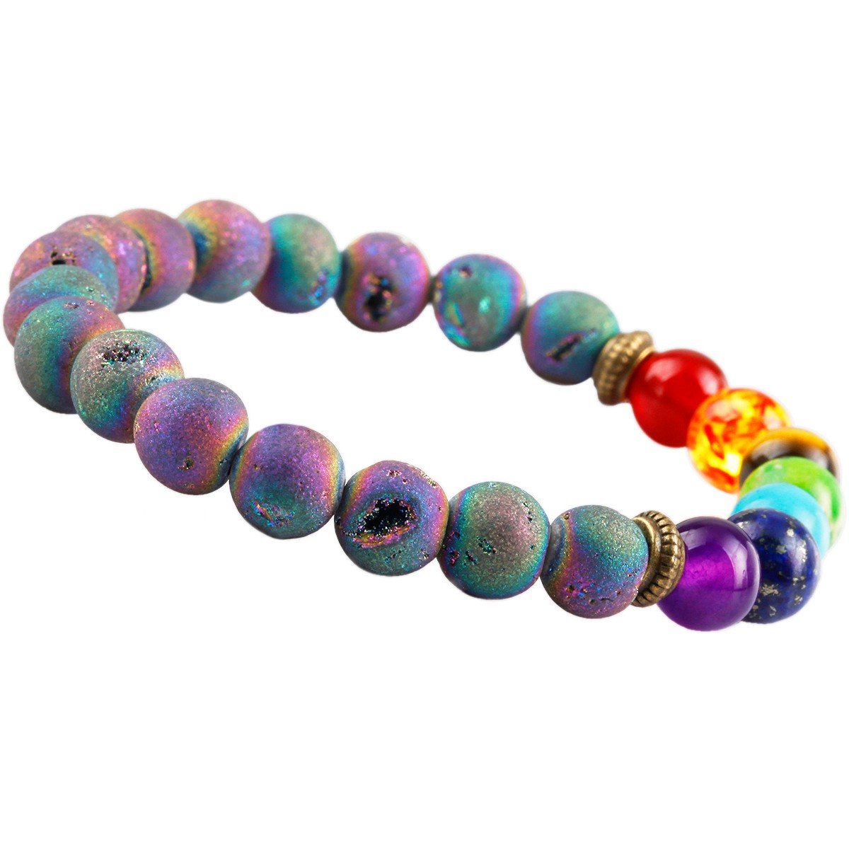 SUNYIK Rainbow Aura Titanium Coated Crystal Druzy Bracelet,7 Bead Chkara Healing