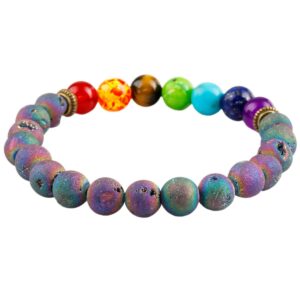 SUNYIK Rainbow Aura Titanium Coated Crystal Druzy Bracelet,7 Bead Chkara Healing