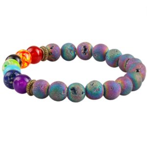 SUNYIK Rainbow Aura Titanium Coated Crystal Druzy Bracelet,7 Bead Chkara Healing