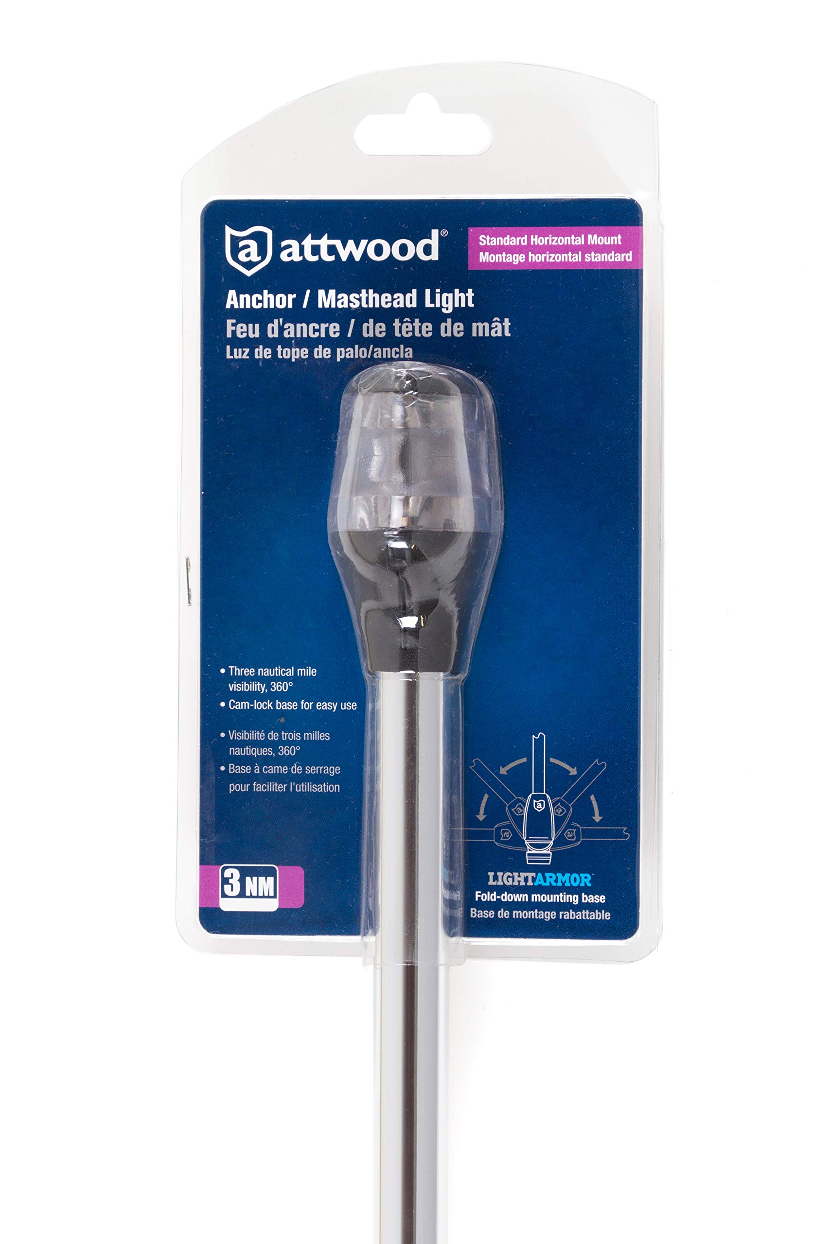 Attwood 7202-P-7 Lightarmor Folding 20-Inch Incandescent 3 Nautical Mile Masthead/Anchor Light, Silver, One Size