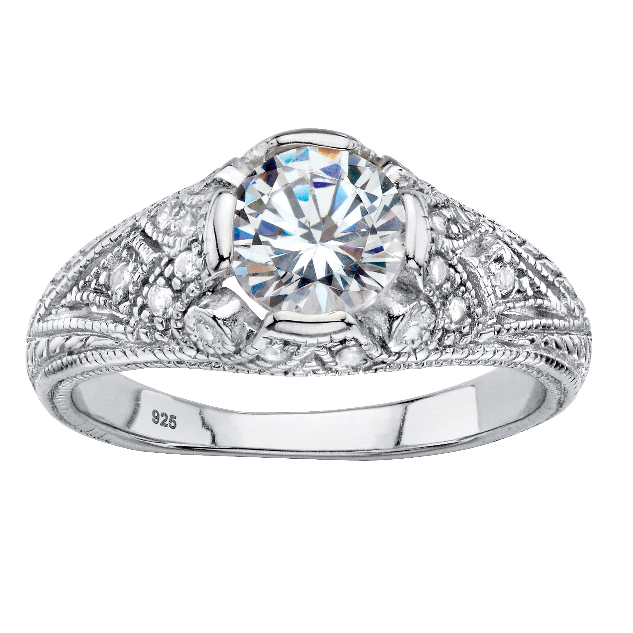 PalmBeach Sterling Silver Round Cubic Zirconia Vintage Style Engagement Ring Sizes 6-12 Size 8