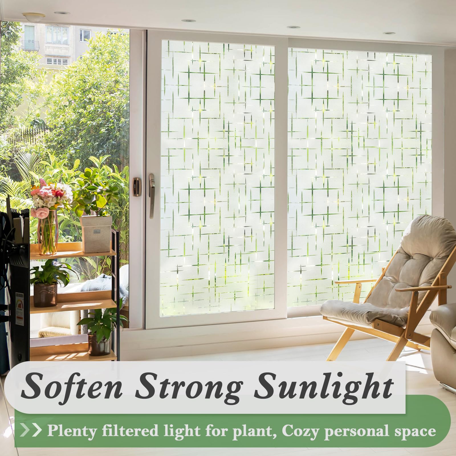 rabbitgoo Window Privacy Film Frosted Glass Window Film, Static Cling Sun Blocking Frosting Door Window Cover for Home, Decorative Window Sticker House Window Tint, Cross Pattern 17.5 x 78.7 inches