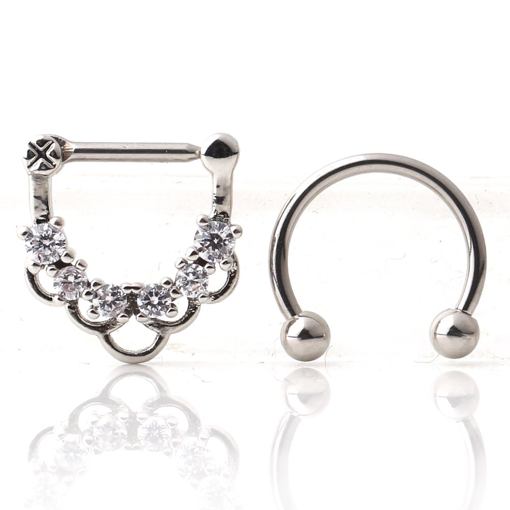 Ruifan 16G Surgical Steel Horseshoe & Clear CZ Nose Ear Daith Septum Clicker Ring 2PCS - Steel