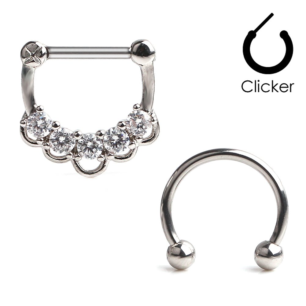 Ruifan 16G Surgical Steel Horseshoe & Clear CZ Nose Ear Daith Septum Clicker Ring 2PCS - Steel