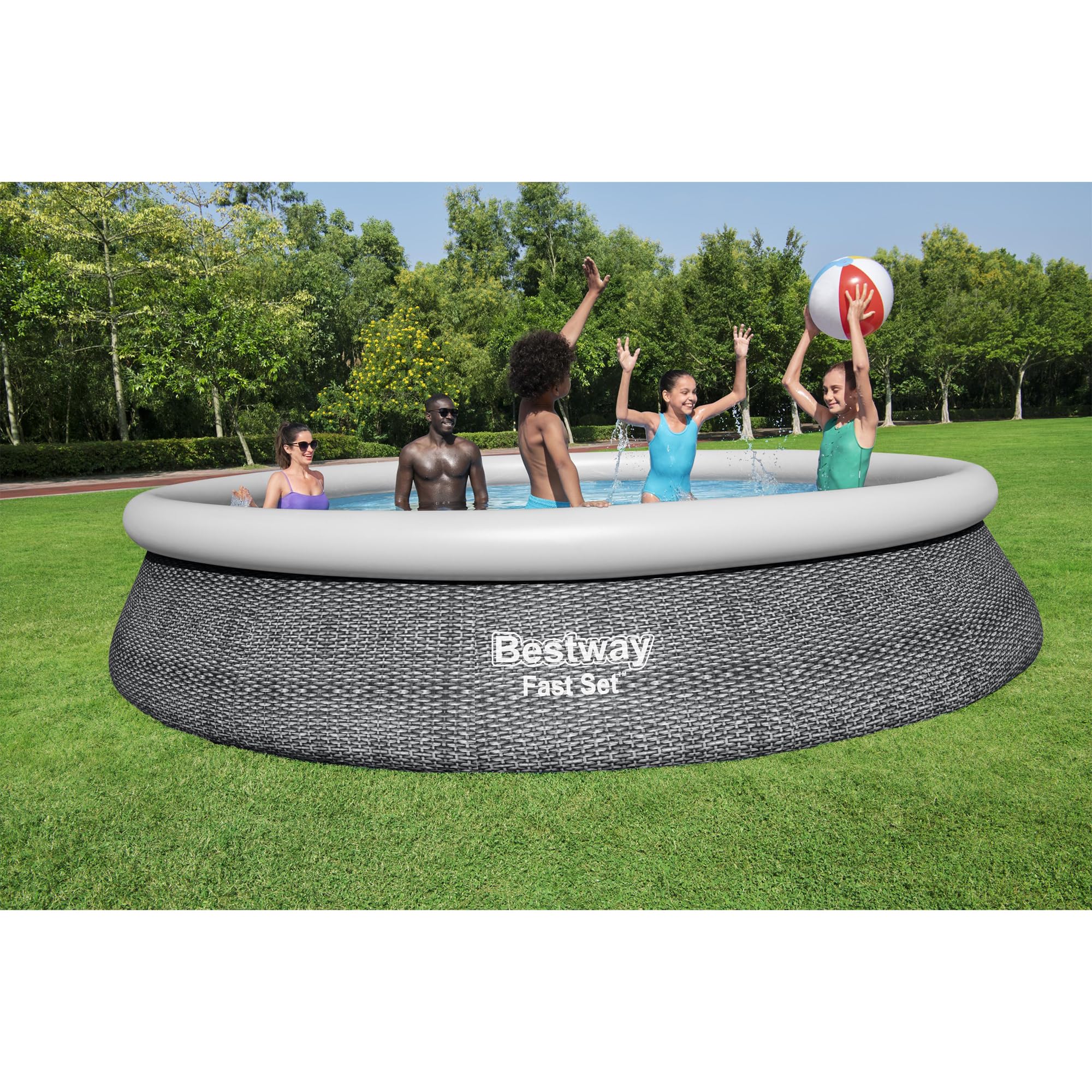 Bestway Fast Set 15' x 33" Round Inflatable Outdoor Above Ground Swimming Pool Set with 530 Gallon Filter Pump and Repair Patch, Gray Rattan