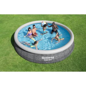 Bestway Fast Set 15' x 33" Round Inflatable Outdoor Above Ground Swimming Pool Set with 530 Gallon Filter Pump and Repair Patch, Gray Rattan