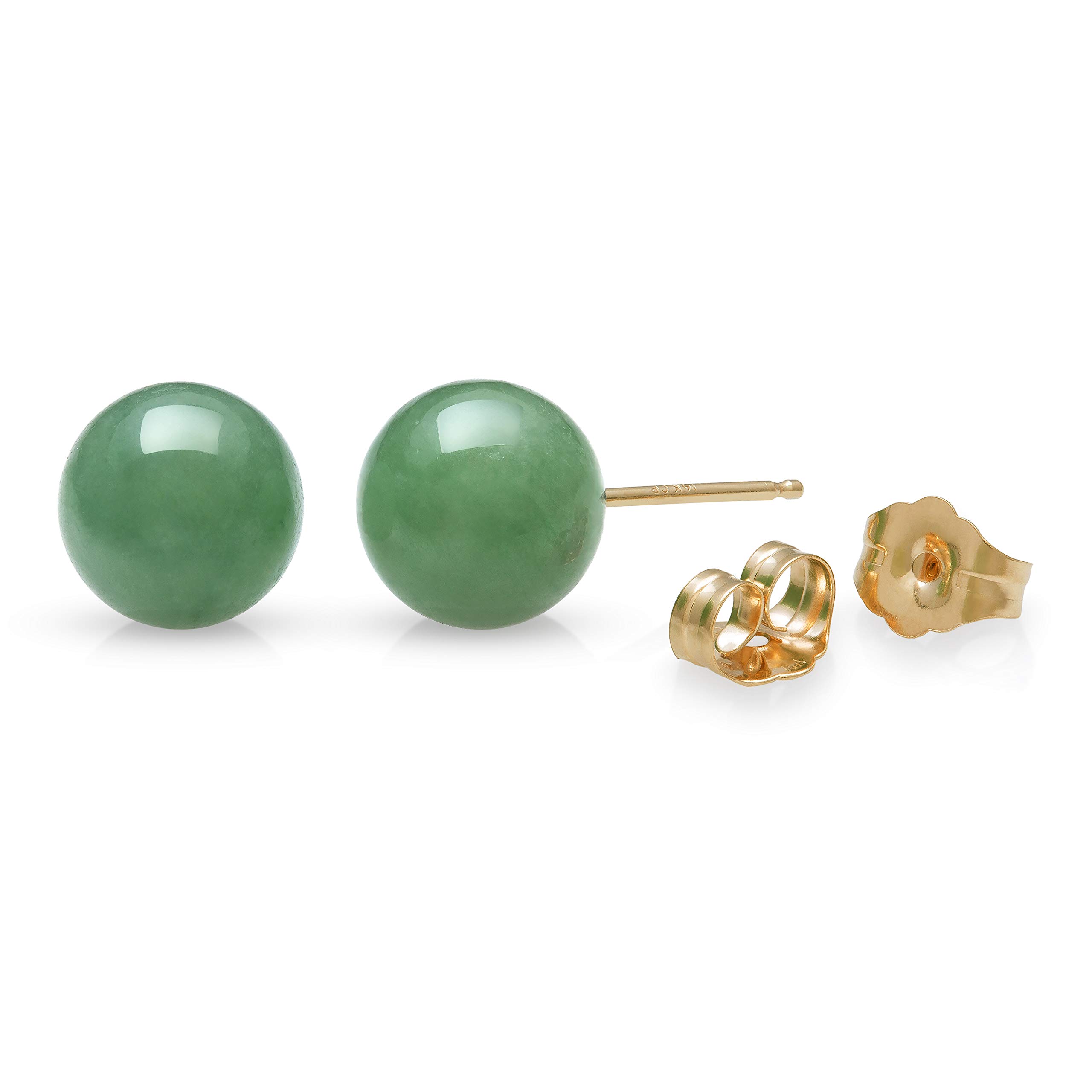 14K Yellow Gold Natural Green Jade Round Stud Earrings (8mm)