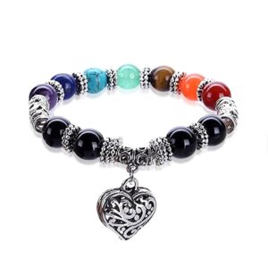 Hithop 10MM 7 Chakra Religion Healing Balance Stone Beaded Bracelet Yoga Reiki Charm Heart Bracelets