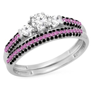 Dazzlingrock Collection Round White & Pink Sapphire, Black Diamond Wedding Ring Set in 10K White Gold, Size 9.5