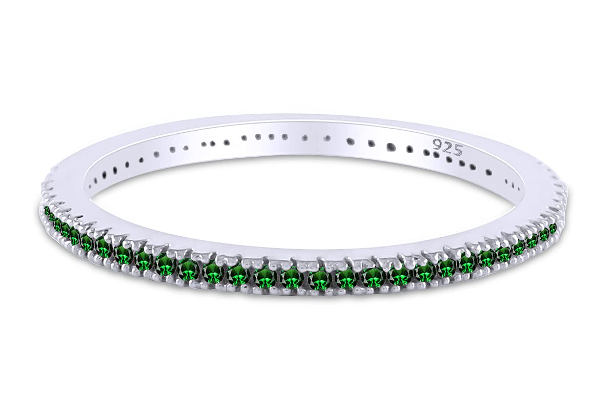 Jewel Zone US Simulated Green Emerald Eternity Stackable Wedding Ring in 14k White Gold Over Sterling Silver (1/5 Ct)