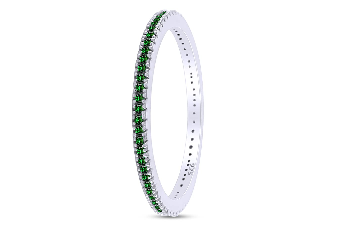 Jewel Zone US Simulated Green Emerald Eternity Stackable Wedding Ring in 14k White Gold Over Sterling Silver (1/5 Ct)