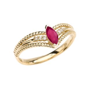 10k Yellow Gold Diamonds And Solitaire Marquise Ruby Beaded Modern Engagement Ring(Size 11)