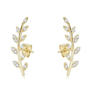 avora 10k yellow gold olive leaf ear crawler/climber simulated diamond cz earrings