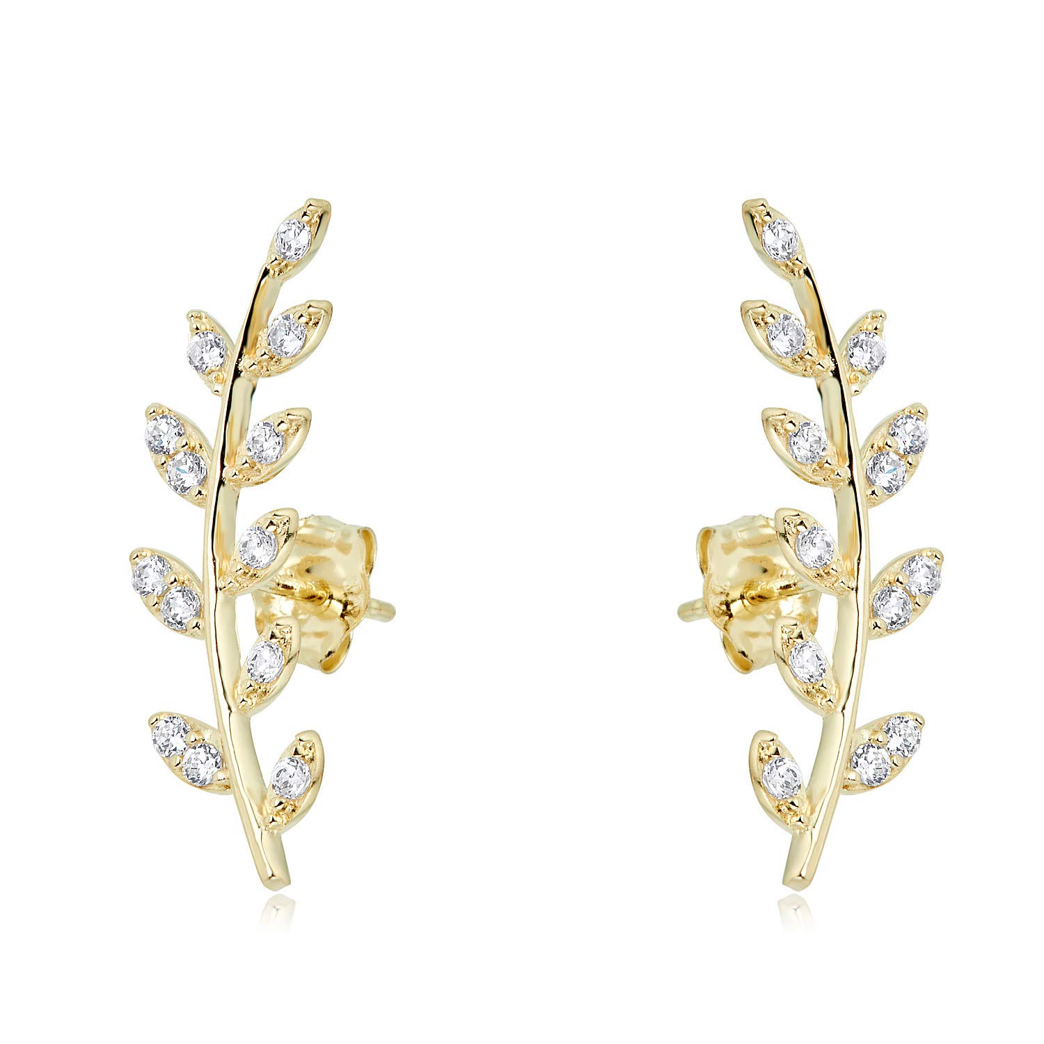 AVORA 10K Yellow Gold Olive Leaf Ear Crawler/Climber Simulated Diamond CZ Earrings