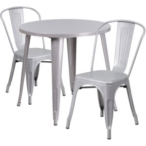 flash furniture commercial grade 30" round silver metal indoor-outdoor table set with 2 cafe chairs