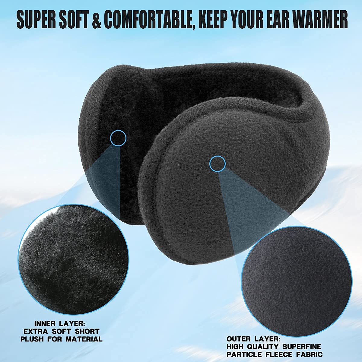 Metog Winter Earmuffs Foldable Polar Fleece Ear Warmer Unisex Behind-the-Head Earmuff Black