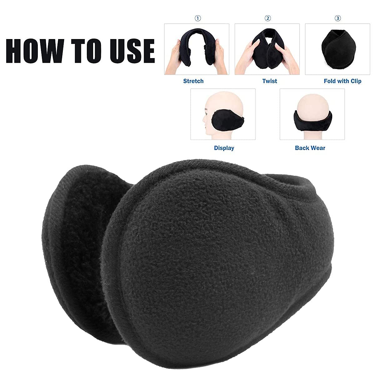 Metog Winter Earmuffs Foldable Polar Fleece Ear Warmer Unisex Behind-the-Head Earmuff Black