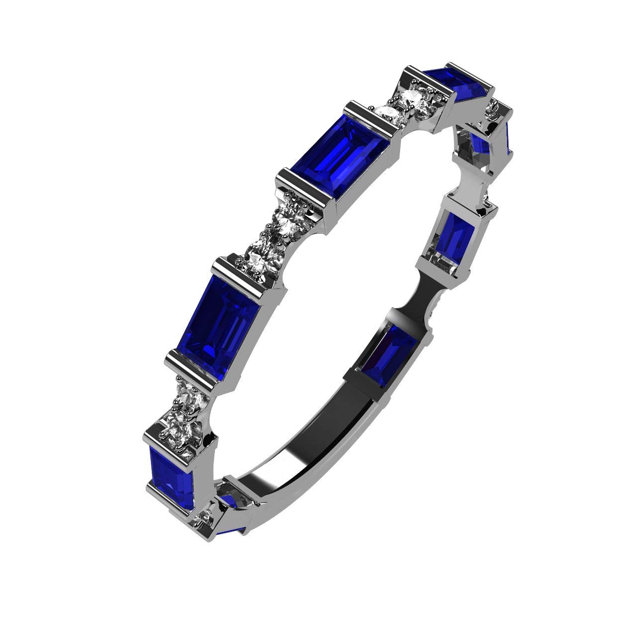 Central Diamond Center Stackable Ring Baguette Cut Platinum Plated Silver - Size 6 - Simulated Sapphire - Sept. Birthstone