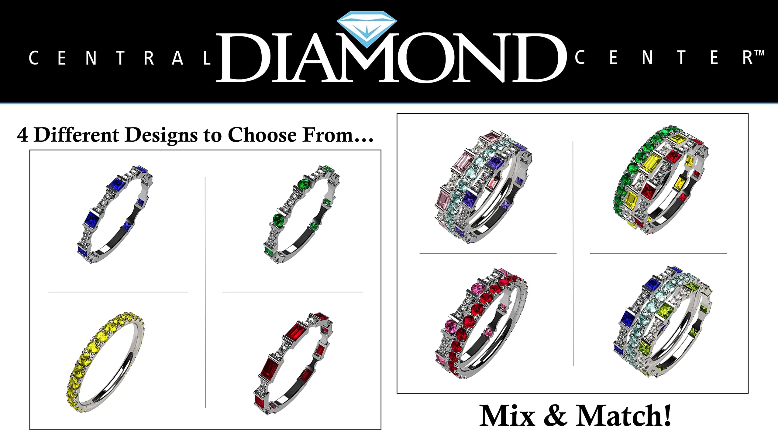 Central Diamond Center Stackable Ring Baguette Cut Platinum Plated Silver - Size 6 - Simulated Sapphire - Sept. Birthstone