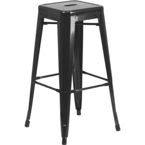 Flash Furniture Commercial Grade 30" Round Black Metal Indoor-Outdoor Bar Table Set with 4 Square Seat Backless Stools