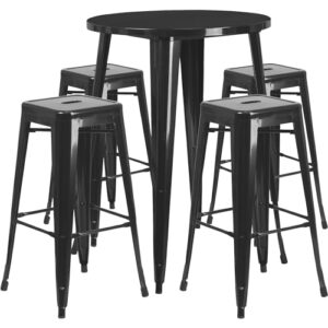 Flash Furniture Commercial Grade 30" Round Black Metal Indoor-Outdoor Bar Table Set with 4 Square Seat Backless Stools